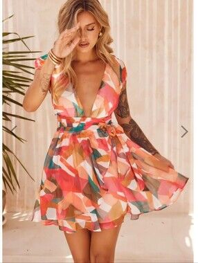 NWT About Moon Mini Wrap Dress Chiffon Orange & Peach Lined Women's Size M (6)